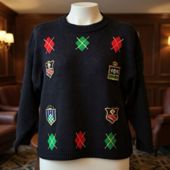 Large Vintage #90s #CHAUS Sweater #Preppy Knit Navy Crest Argyle Coat of Arms Em - Picture 2 of 11